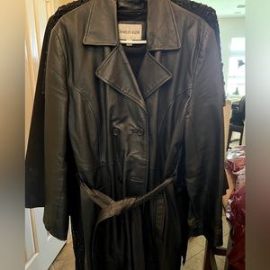 Black leather Charles Klein trench coat with zip out lining